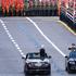 Moscow, Russia. 09 May, 2025. Russian Defense Minister Andrei Belousov, left, and Russian Ground Forces Commander-in-Chief Oleg Salyukov, right, riding in Aurus Senat convertibles review the troops during the annual Victory Day military parade through Red