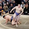 Ukrainian sumo wrestler sekiwake Aonishiki, his real name Danylo Yavhusishyn, beats yokozuna Hoshoryu to win the Emperor's Cup sumo tournament in Fukuoka