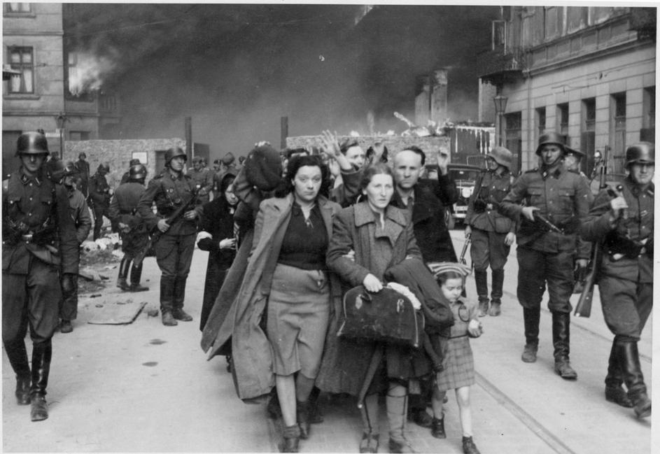 Warsaw Ghetto Uprising - Photo from Jürgen Stroop Report to Heinrich Himmler from May 1943. Captured Jews are led by Ge