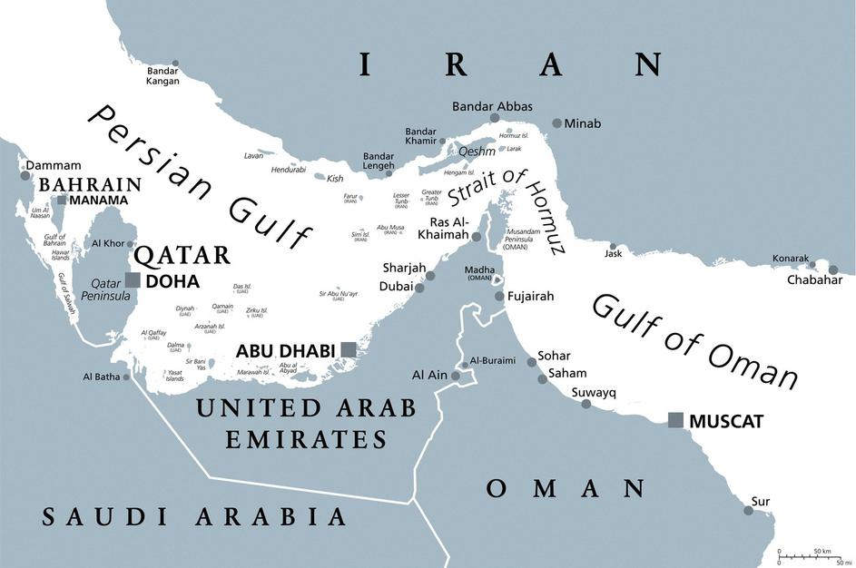 Strait of Hormuz, gray political map. Waterway between Persian Gulf and Gulf of Oman. Strategically very important choke point.