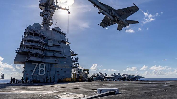 U.S. Navy Aircraft Carrier USS Gerald R. Ford Operating In The Caribbean Region