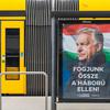 Hungarian government billboard with Viktor Orbán promoting anti-war message during the 2026 parliamentary election campaign in Budapest.