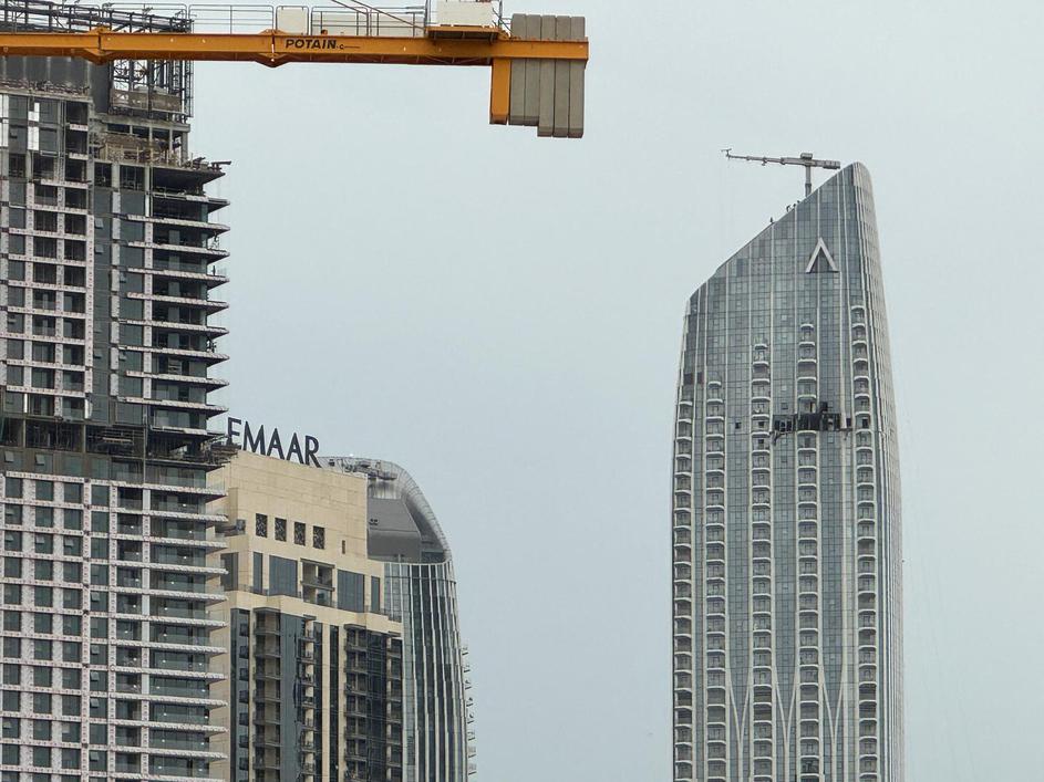 A damaged building in the vicinity of Dubai Creek Harbour after a drone fell on it, amid the U.S.-Israeli conflict with Iran, in Dubai