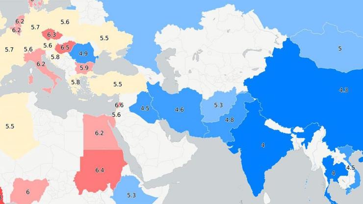 Karta svijeta po prosječnoj veličini penisa po državama