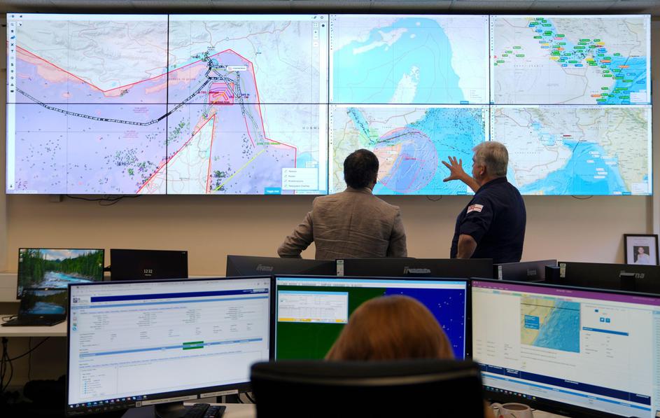 A view of screens showing shipping in the Middle East at the UK Maritime Trade Organisation (UKMTO) in Portsmouth, Hampshire, the Royal Navy centre monitoring shipping traffic in the Gulf. Picture date: Monday April 27, 2026.