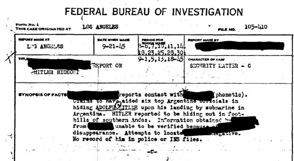 Dokument FBI-ja o Hitlerovom navodnom bijegu u Argentinu | Author: Screenshot Scribd