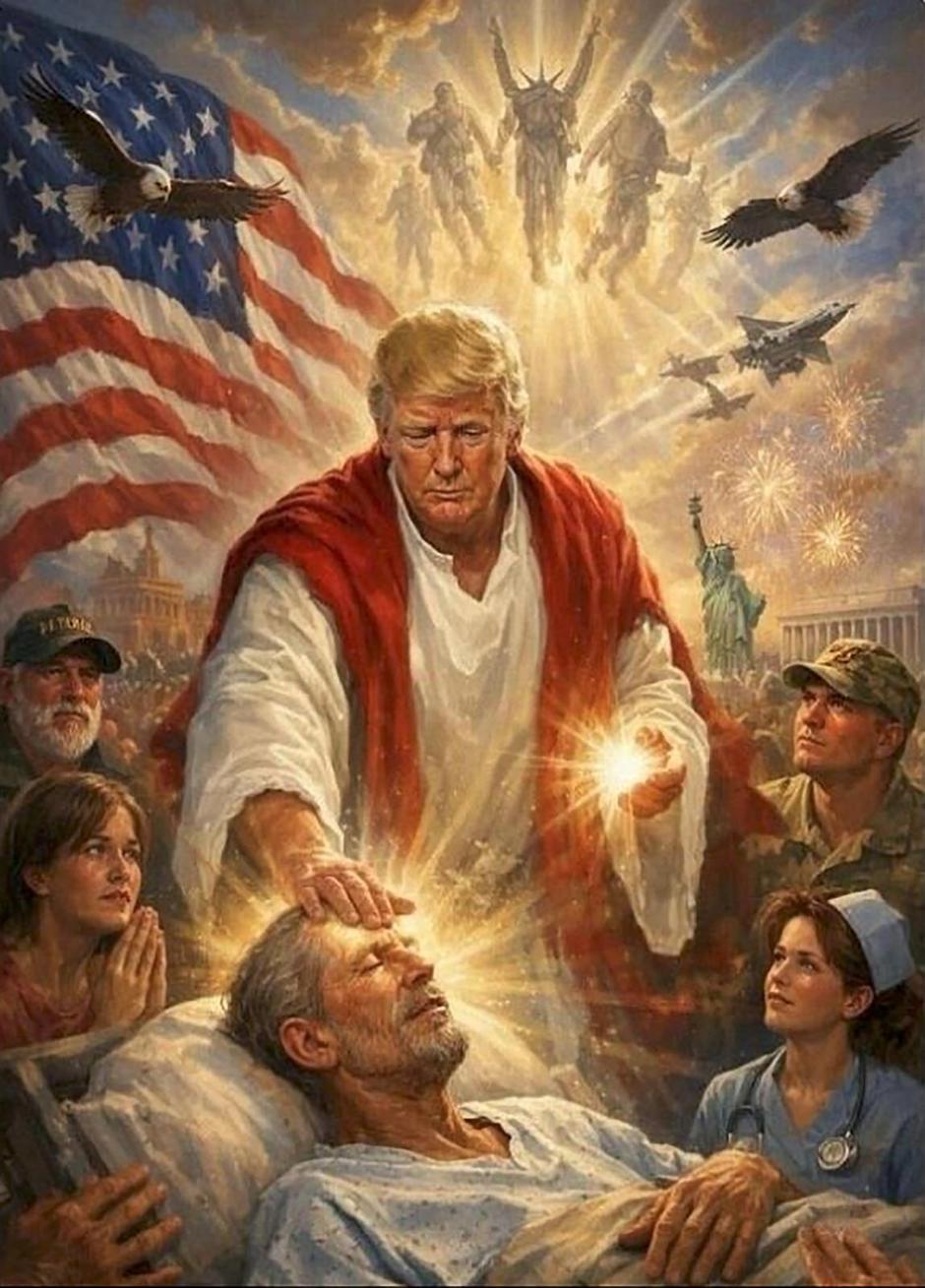 Après avoir vivement critiqué le pape, Donald Trump poste une photo de lui incarnant Jésus-Christ, avant de la supprimer | Author: Truth Social via Bestimage/Pixsell, AI foto