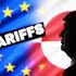 Illustration shows 3D-printed miniature model of U.S. President Donald Trump, EU, Greenland flags and the word "Tariffs\