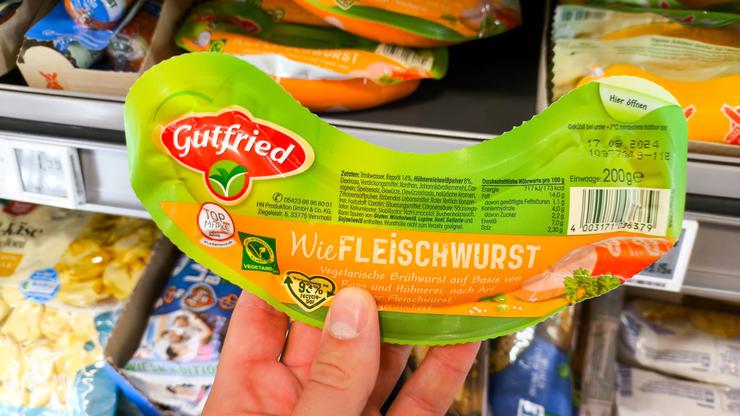 Bavaria, Germany - August 12, 2024: Vegetarian meat sausage from Gutried, a plant-based alternative to conventional saus