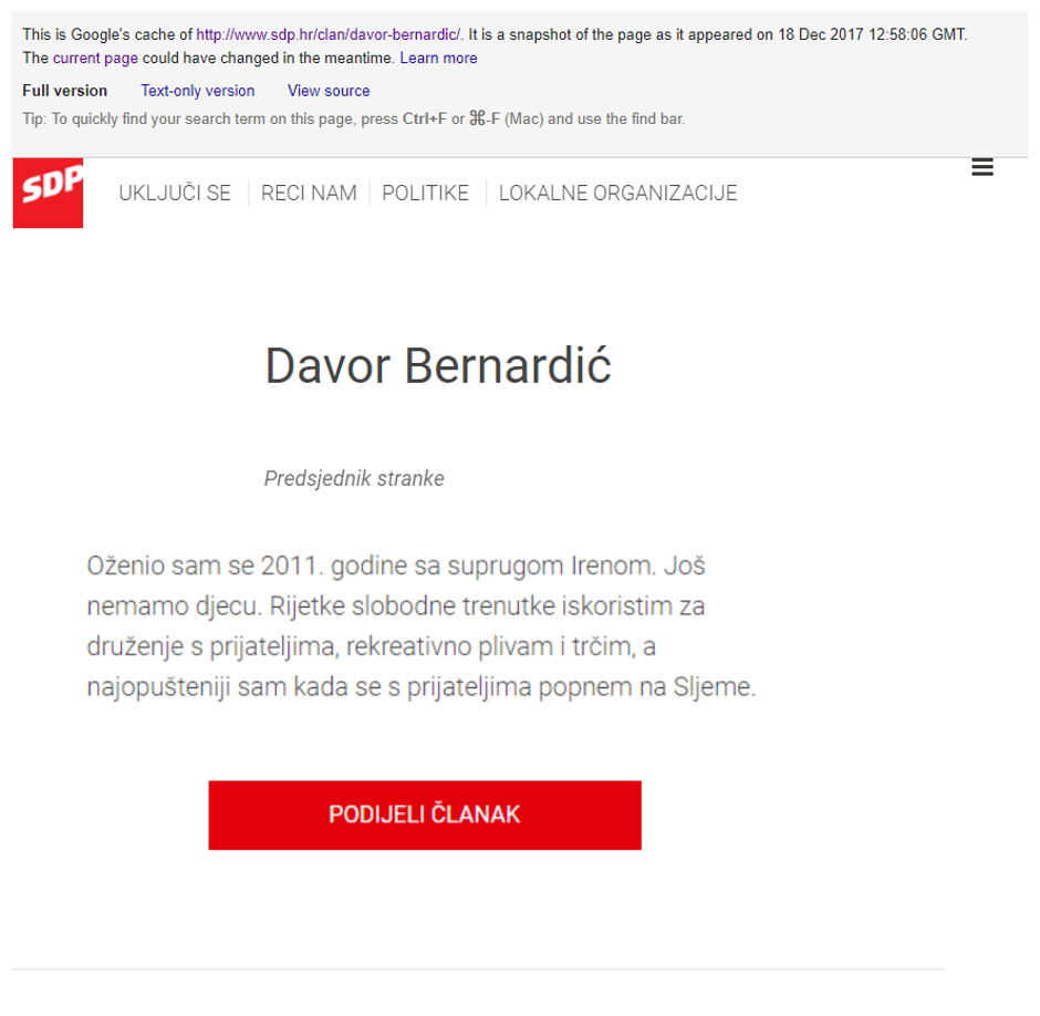 Screenshot SDP-ove stranice bez Bernardićeva životopisa | Author: Express.hr