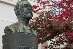 A bust for Alfred Nobel is seen outside the Norwegian Nobel Institute in Oslo
