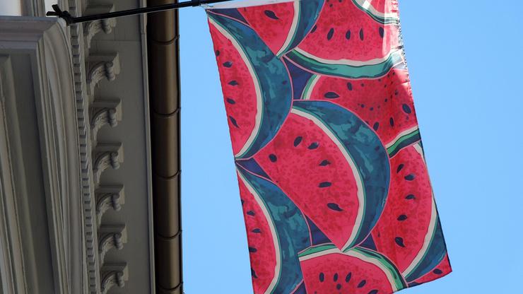 Germany: A Watermelon Flag Symbol Of  Protest Against The War In Gaza And Palestine Waving From The Window Of A Building In Freiburg