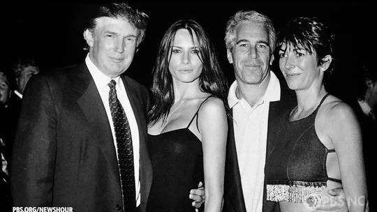 A PBS News Hour screenshot of a photograph showing U.S. President Donald Trump socializing with accused pedaphile Jeffrey Epstein.