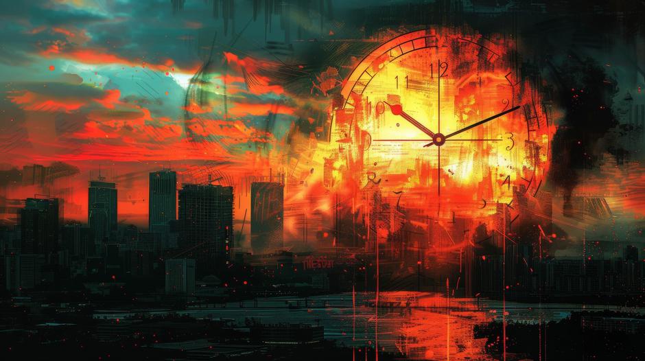 Vivid digital illustration depicting the doomsday clock set against an apocalyptic cityscape backdrop | Author: 