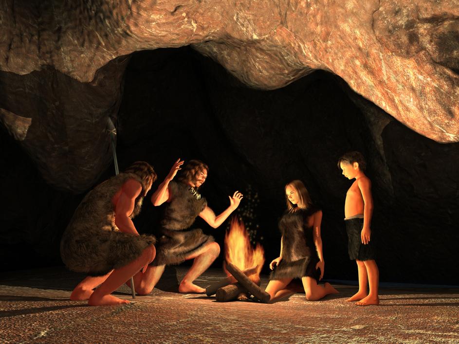 Neandertalci okupljeni oko vatre u špilji