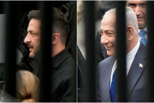 A combination picture shows Ukrainian President Volodymyr Zelenskiy (left), and Israeli Prime Minister Benjamin Netanyahu arriving at the White House in Washington, D.C., U.S.