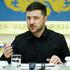 Ukraine's President Zelenskiy speaks during a meeting with the media in Kyiv