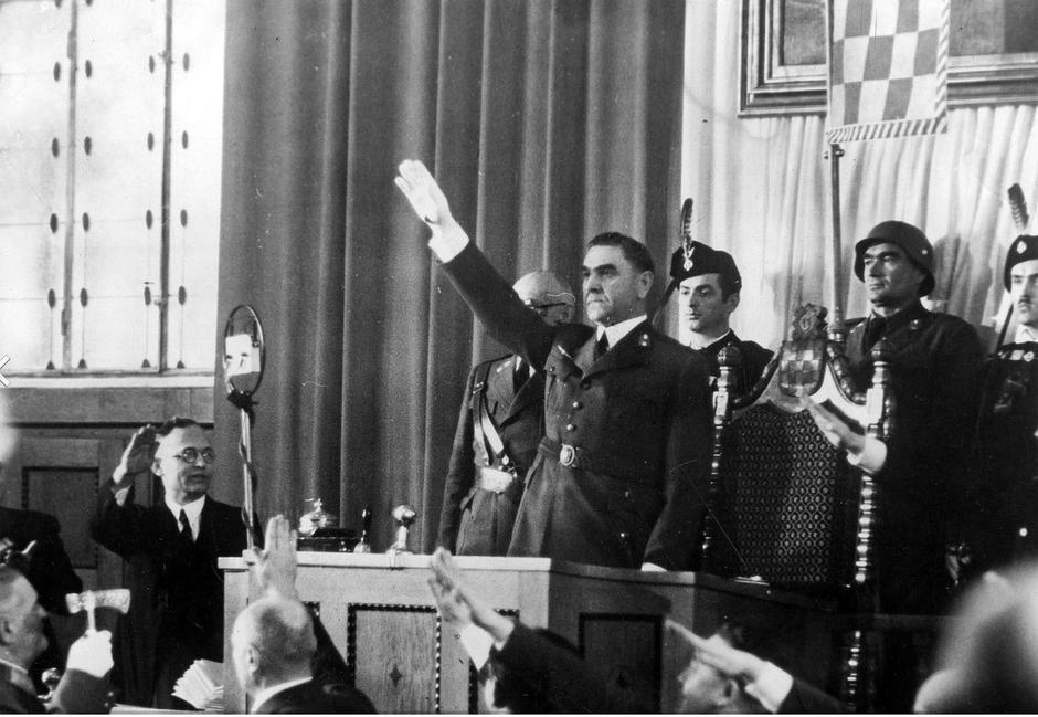 ANTE PAVELIĆ (1889-1959) Croatian politician and founder of the fascist Ustase party leading a salute in the Croatian Parliament as Prime Minister in 1943 | Author: 