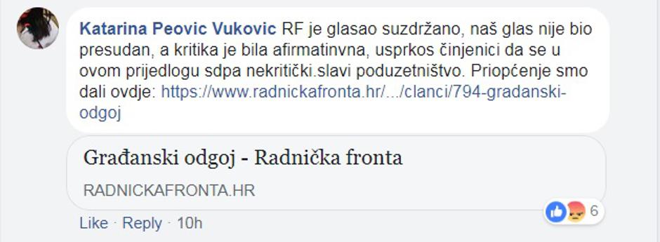 Komentar Katarine Peović Vuković na Facebook | Author: 