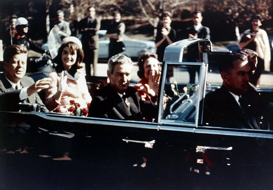 Jackie and John F Kennedy in the limousine, ride through Dallas. 1963