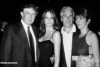 A PBS News Hour screenshot of a photograph showing U.S. President Donald Trump socializing with accused pedaphile Jeffrey Epstein.