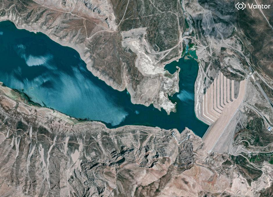 A satellite view shows the water level of the Lar Dam, in Amol | Author: Vantor