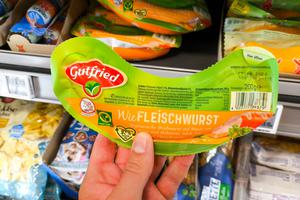 Bavaria, Germany - August 12, 2024: Vegetarian meat sausage from Gutried, a plant-based alternative to conventional saus