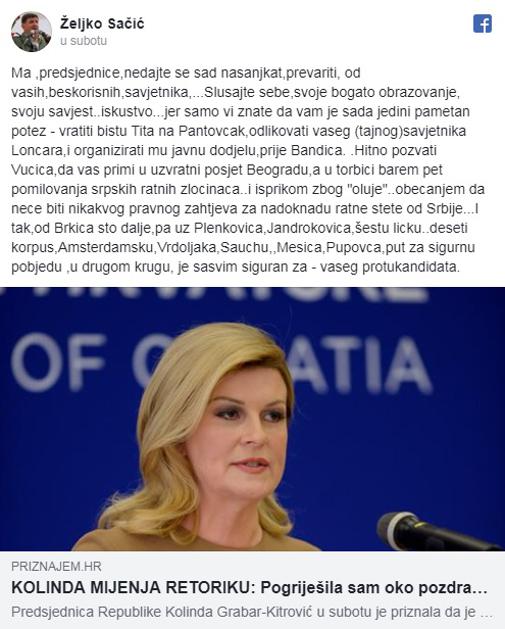 Objava Željka Sačića na FB-u o Kolindi Grabar Kitarović