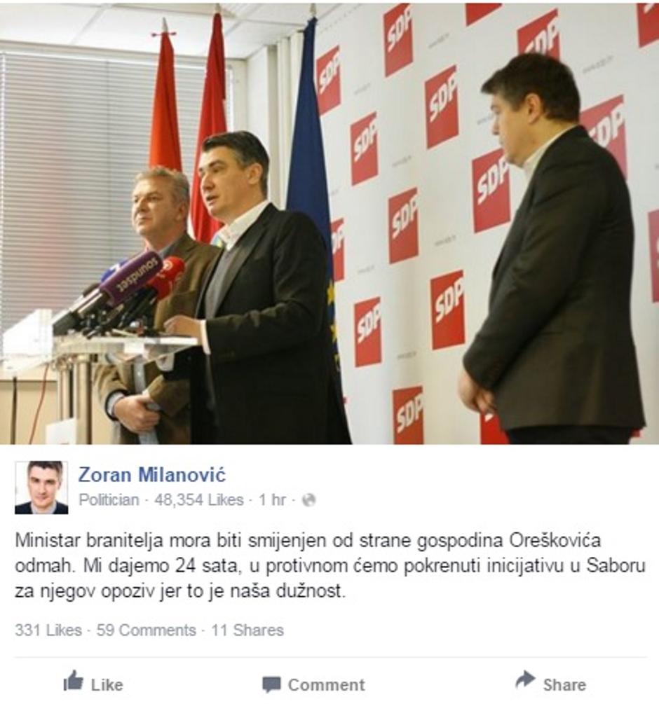 Izjava Zorana Milanovića na Facebooku protiv Crnoje | Author: Facebook