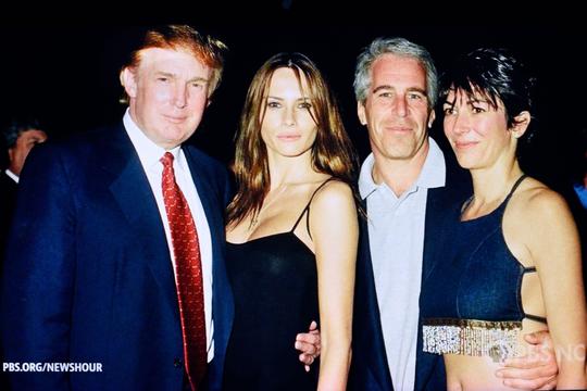 A PBS News Hour screenshot of a photograph showing U.S. President Donald Trump socializing with accused pedaphile Jeffrey Epstein.