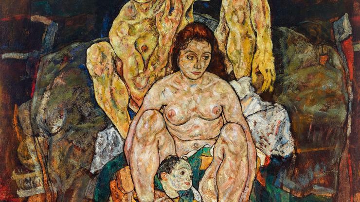 Egon Schiele, Crouching couple (The family), painting in oil on canvas, 1918