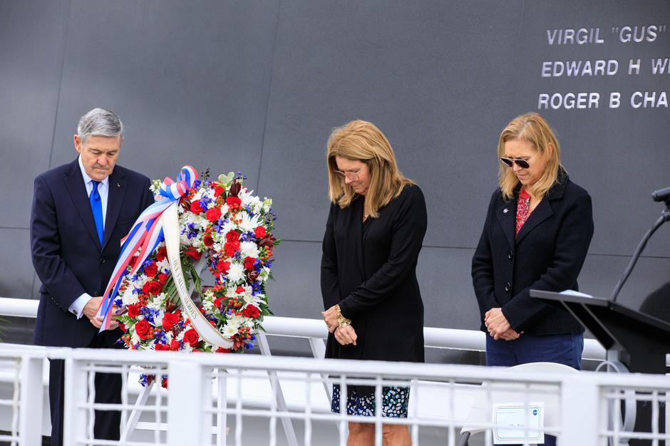 Sheryl Chafee, AMF Board chair, with NASA Associate Administrator Bob Cabana and Kennedy Space Center Director Janet Petro, laid a wreath at the Space Mirror Memorial during the Day of Remembrance on January 26, 2023. The ceremony honored Apollo 1 and shu | Author: 