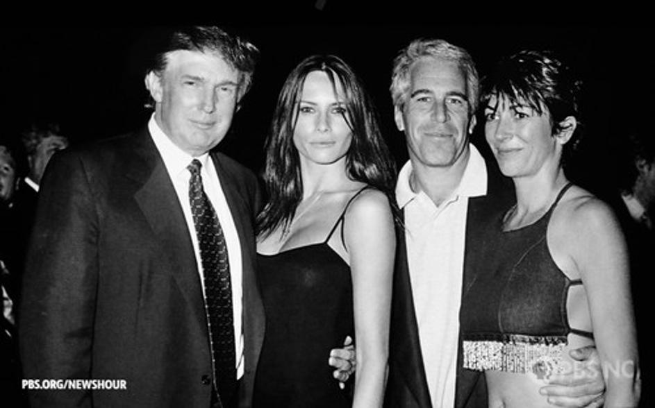A PBS News Hour screenshot of a photograph showing U.S. President Donald Trump socializing with accused pedaphile Jeffrey Epstein.