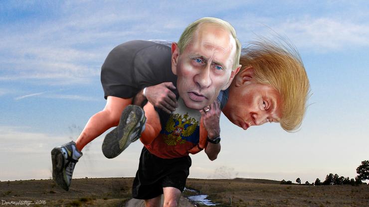 Vladimir Putin pomaže Donaldu Trumpu, karikatura