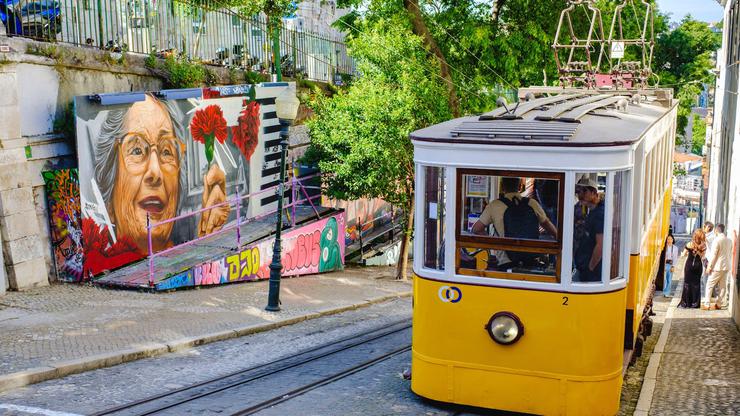 Gloria Funicular hill yellow tram, street art, city of Lisbon, Portugal