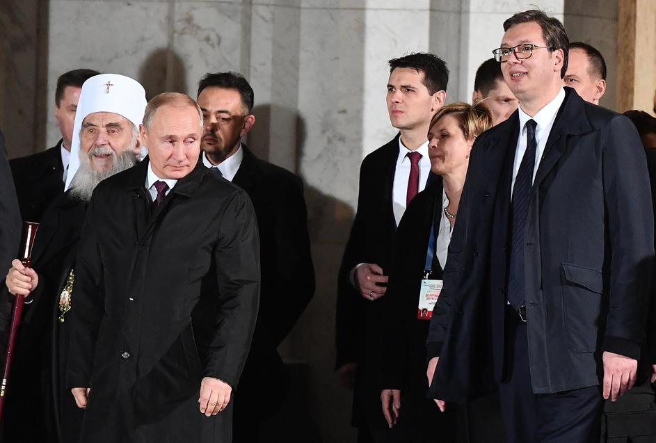 Posjet Vladimira Putina Beogradu, siječanj 2019., s njim su Irinej i Aleksandar Vučić