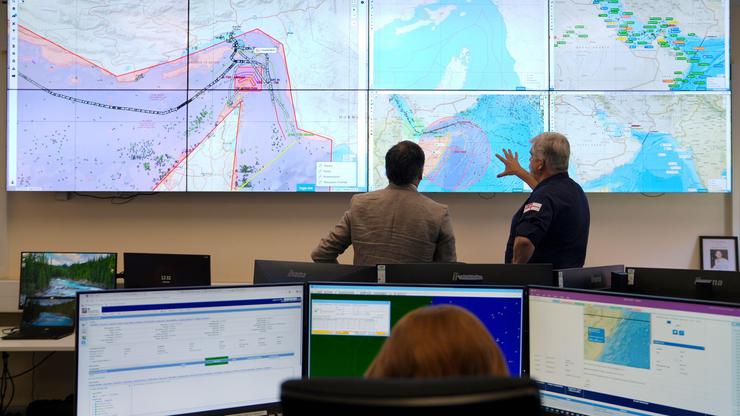 A view of screens showing shipping in the Middle East at the UK Maritime Trade Organisation (UKMTO) in Portsmouth, Hampshire, the Royal Navy centre monitoring shipping traffic in the Gulf. Picture date: Monday April 27, 2026.