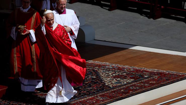 Vatican City, Italy June 8, 2025: Pope Leo XIV blesses with holy water. Pope Leo XIV, Robert Francis Prevost, in St. Peter's Square celebrates Penteco