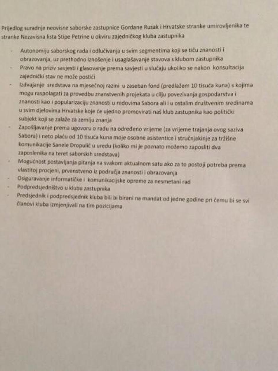 Lista uvjeta koju je Gordana Rusak navodno poslala HSU-u | Author: Facebook
