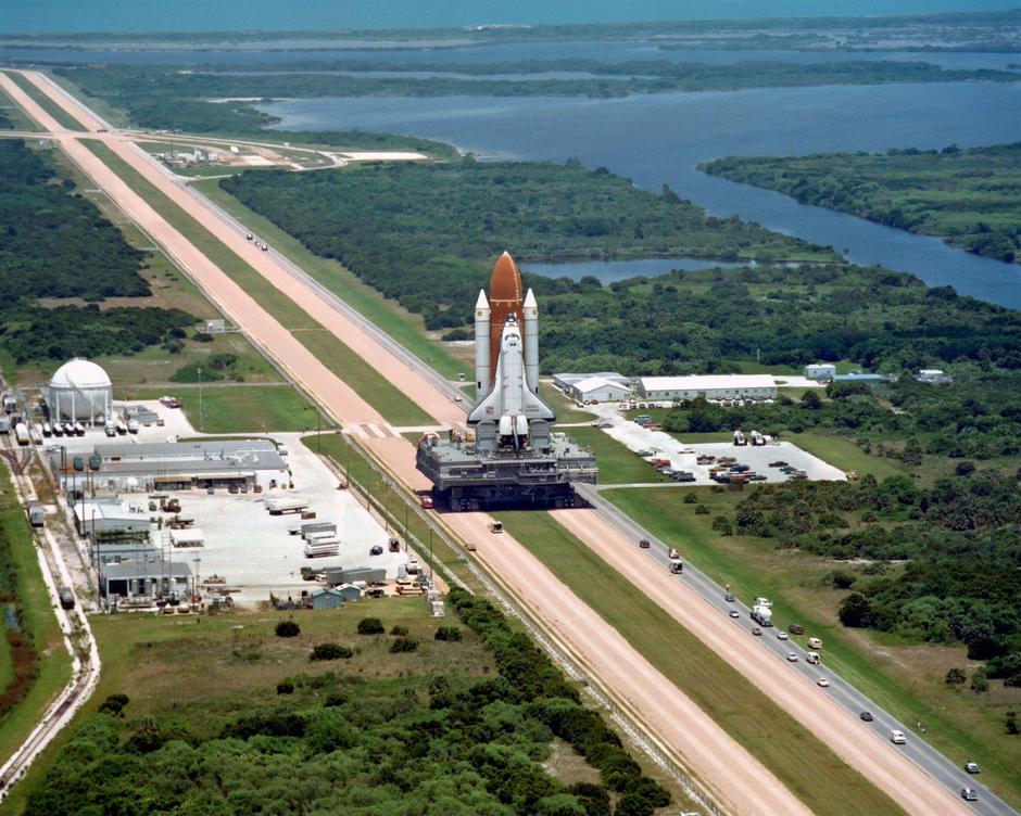Space shuttle Challenger. Photograph of the space shuttle Challenger on a crawler transporter to the launch pad for its launch in January 1986. Photo courtesy of NASA, December 1985 | Author: 