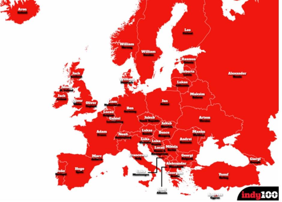Karta najpopularnijh imena za djecu u Europi | Author: The Independent