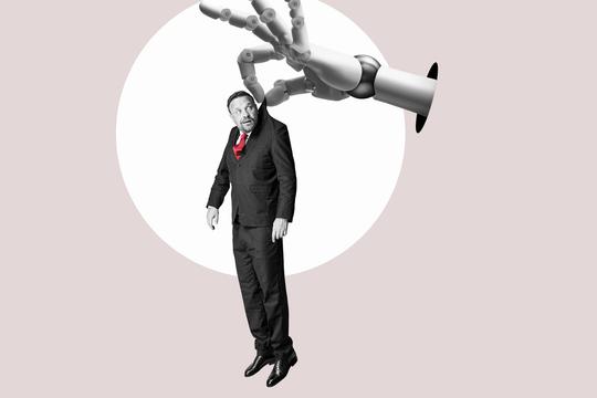 Flat design art. An ai algorithm ousts workers. Job loss due to AI technology.