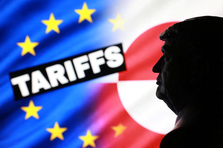 Illustration shows 3D-printed miniature model of U.S. President Donald Trump, EU, Greenland flags and the word "Tariffs\ | Author: Dado Ruvic