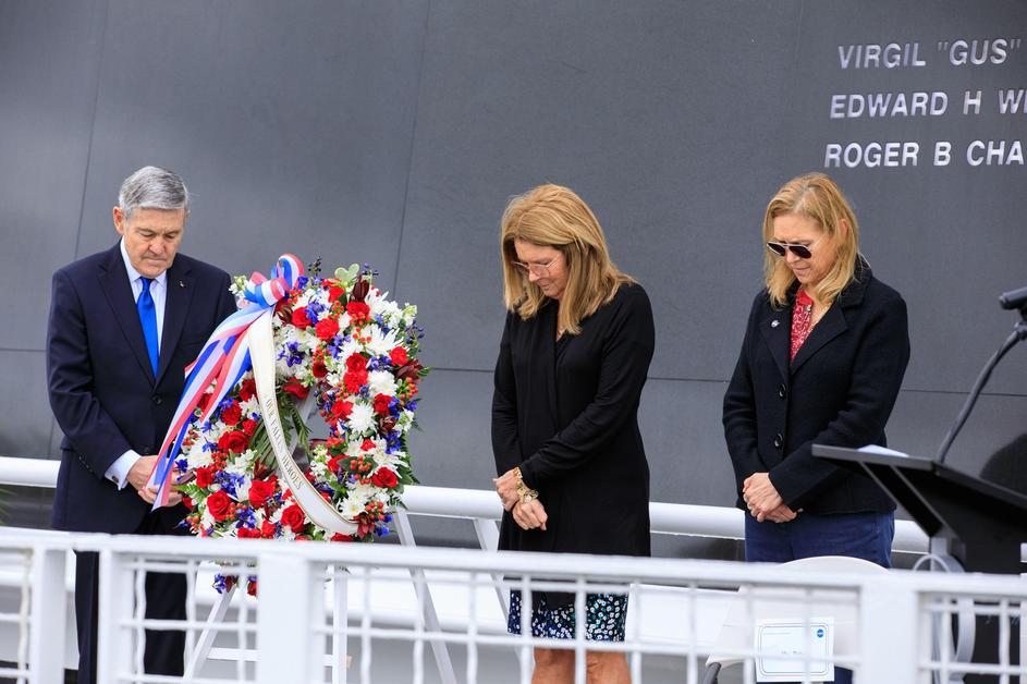Sheryl Chafee, AMF Board chair, with NASA Associate Administrator Bob Cabana and Kennedy Space Center Director Janet Petro, laid a wreath at the Space Mirror Memorial during the Day of Remembrance on January 26, 2023. The ceremony honored Apollo 1 and shu